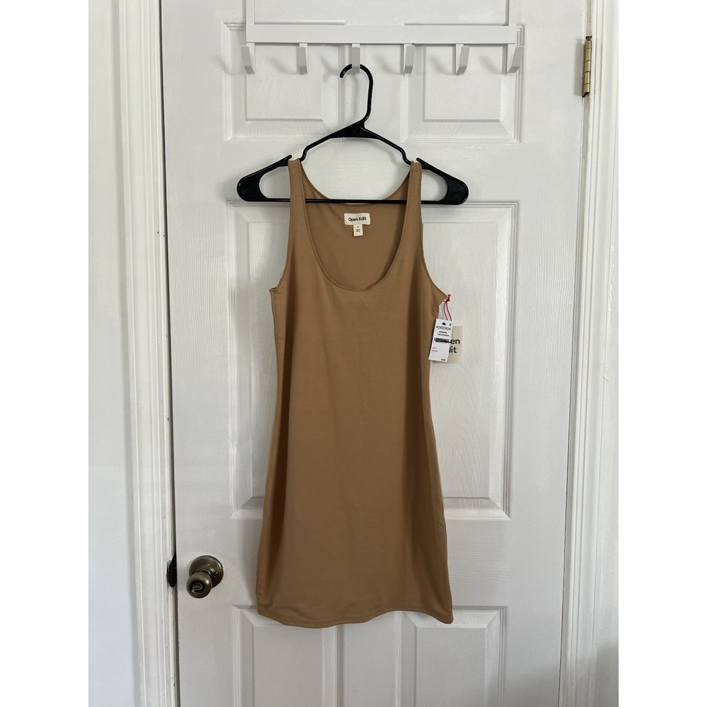 Open Edit Womens Tan Bodycon Minimalist Stretch Tank Sleeveless Mini Dress Sz S